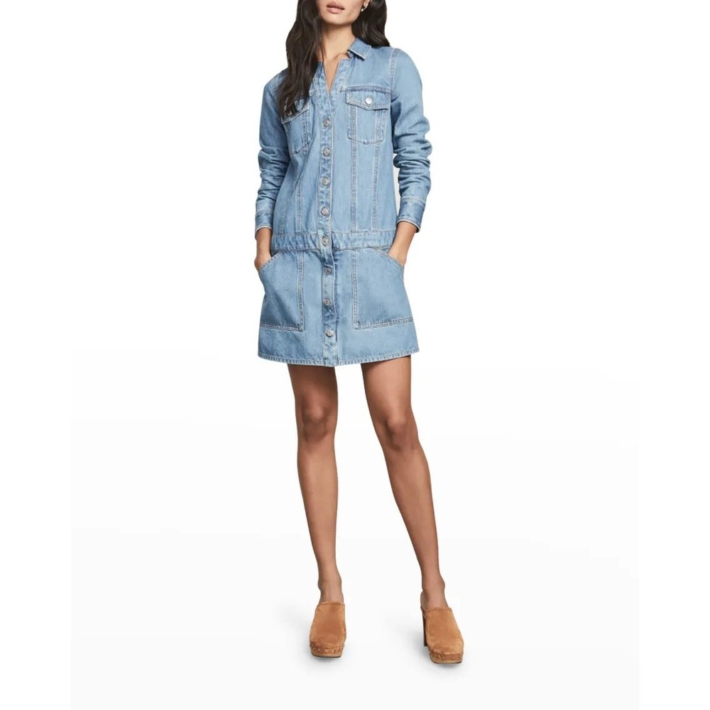 Veronica Beard Cicely Drop-Waist Denim Dress Women XS Long Sleeve Button Front
